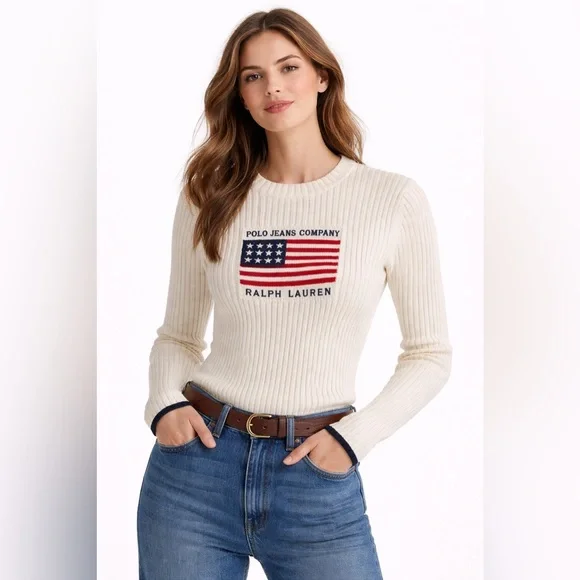 Ralph Lauren Polo Jeans Flag Sweater Ivory USA Preppy Vintage 90s - Picture 1 of 14